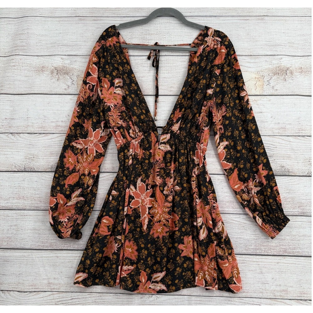 Free People Mini Dress Women S Black Floral Deep V-Neck Long Sleeve Boho